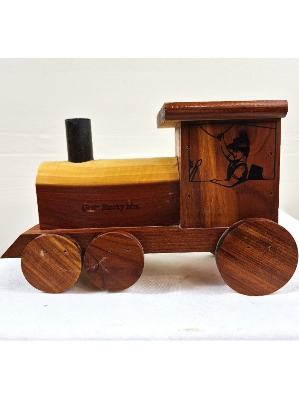 Vintage Great Smoky Mountains Wooden Train Coin Bank Cedar Folk Art Souvenir